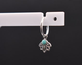 Lotus flower huggie hoop earrings in 925 sterling silver with turquoise