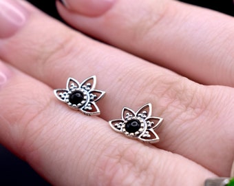 Lotus Flower Stud Earrings with Black Agate in 925 Sterling Silver
