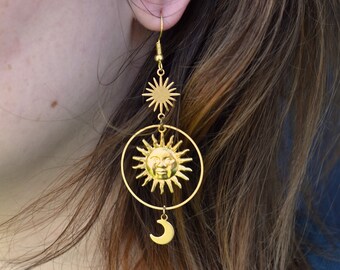 Celestial Gold Sun Earrings on 925 Sterling Silver Gold Hooks