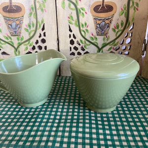 Vintage olive green melamine sugar and creamer set