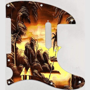 May include: A guitar pickguard with a painted design of a sunset over a tropical landscape. The scene features palm trees, a small hut, and a body of water.