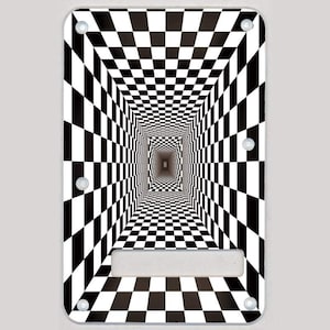 May include: A black and white checkered pattern creates an optical illusion of a tunnel. The pattern is on a guitar pickguard.