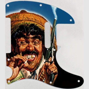 Puede incluir: Un pickguard de guitarra con una ilustración colorida de un hombre con sombrero, sosteniendo una pistola y fumando un cigarrillo.