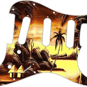 May include: A guitar pickguard with a sunset and palm tree design. The pickguard is yellow, orange, and brown with a black outline. The design features a sunset over a beach with palm trees and a hut.