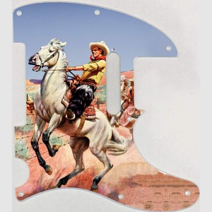 Peut inclure: Une illustration vintage d'un cow-boy chevauchant un cheval blanc dans un paysage désertique. Le cow-boy porte une chemise jaune, un pantalon marron et un chapeau marron. Le cheval se cabre et le cow-boy tient les rênes. L'illustration est de style rétro, avec des couleurs vives et des lignes épaisses.