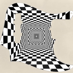 May include: A black and white checkered bass guitar pickguard with an optical illusion design. The pickguard has a rectangular cutout for the pickups and several screw holes for mounting. The design creates a tunnel effect.