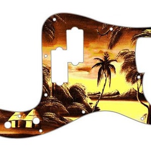 May include: A guitar pickguard with a sunset and palm tree design. The pickguard is yellow, orange, and brown with a silhouette of palm trees and a hut.