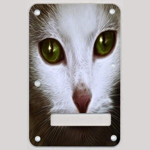 May include: A decorative light switch cover featuring a close-up of a cat's face. The cat has white and gray fur, with striking green eyes and a pink nose. The cover has a white rectangular switch holder and is secured with four screws.