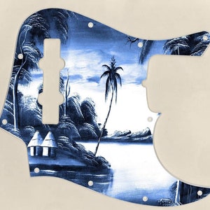 Custom Graphical Pickguard to fit Fender J Bass Jazz Bass Tikki Huts Blue