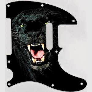 May include: Black guitar pickguard featuring a close-up image of a black panther with green eyes and an open mouth.