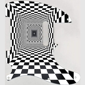 May include: A guitar pickguard with a black and white checkered pattern that creates an optical illusion of a tunnel. The pickguard has a curved shape with holes for the pickups and screws.