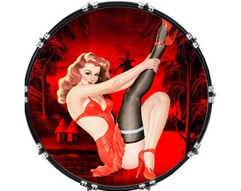 Custom Aquarian Bass Kick Drum Head Front Drumskin Pin Up Girl All Red