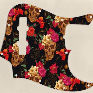 Custom Graphical Pickguard to fit Fender J Bass Jazz Bass Skulls And Roses 1