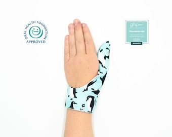 お子様の指しゃぶりをやめさせる指しゃぶり防止手袋 | 親指ガード | 口腔保健財団認定 | 様々な生地 | 5サイズ