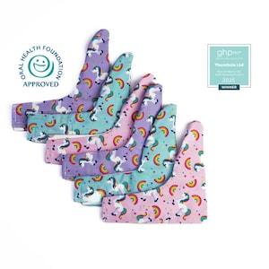 Protectores de pulgar Thumbsie® / 6 guantes de unicornio para el pulgar / Evite chuparse el dedo / Chuparse el dedo / Aprobado por dentistas y OHF / Aprobado por padres / Cinco tamaños