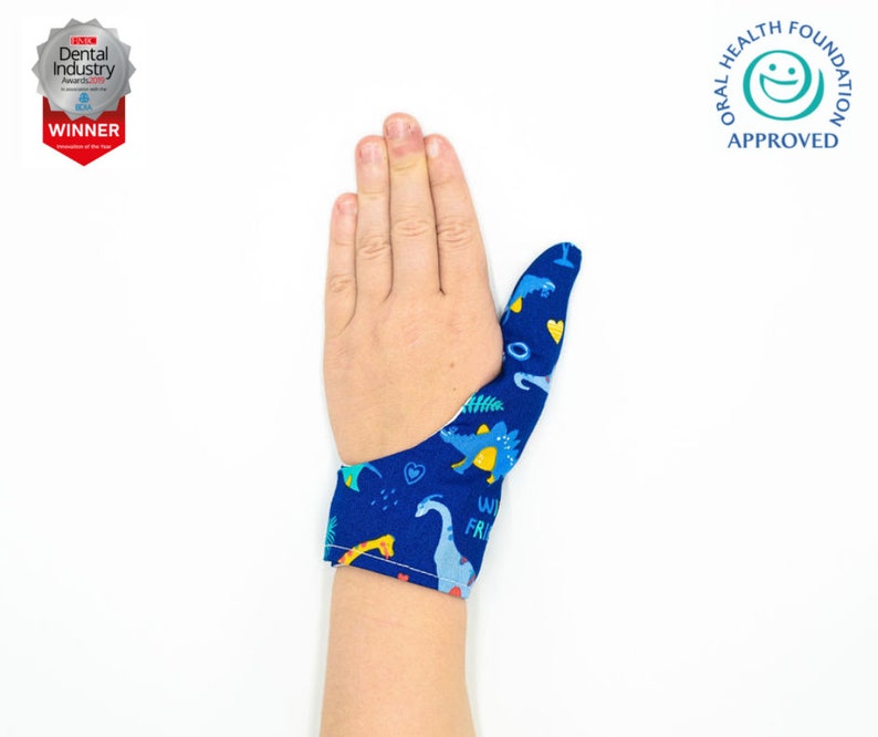 Thumbsie® Protector para el pulgar / Detener la succión del dedo / Chupar el dedo / Guante para el pulgar / Varios tejidos / Cinco tamaños Dinosaur