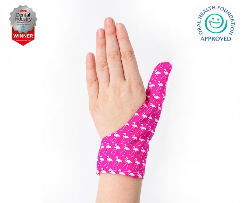 Thumbsie® Thumb Guard Stop Thumb Sucking Thumb Sucking Thumb Glove Various Fabrics Five Sizes Flamingo