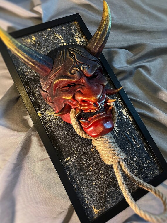Red on Black Framed Japanese Hannya Mask With Rope Etsy
