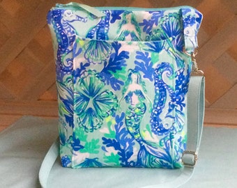 Versatile Lilly Print “Seahorses & Mermaid” Handbag, Compact, Multi Pockets, With Adjustable Strap