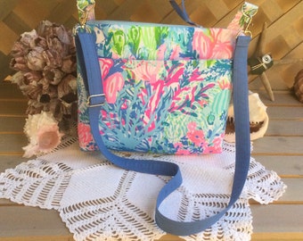 Lilly “0cean Theme”  Fabric Crossbody/Shoulder Bag With Multiple Pockets