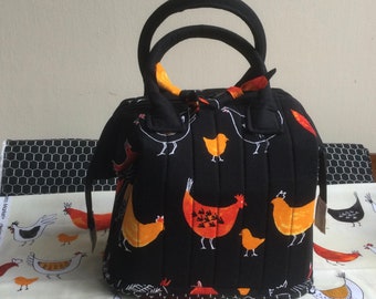 Petite Poppins Bag “Chicks On Parade”, Quilted, Full Width Dbl Side Zipper With Decorative Bow Ties, Multi Pockets, Hard Bottom With Feet