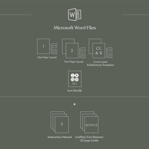 May include: A diagram showing the contents of a Microsoft Word resume template bundle. The bundle includes one-page and two-page resume templates, cover letter and references templates, an icon bundle, an instruction manual, and a bonus 20-page guide on crafting your resume.