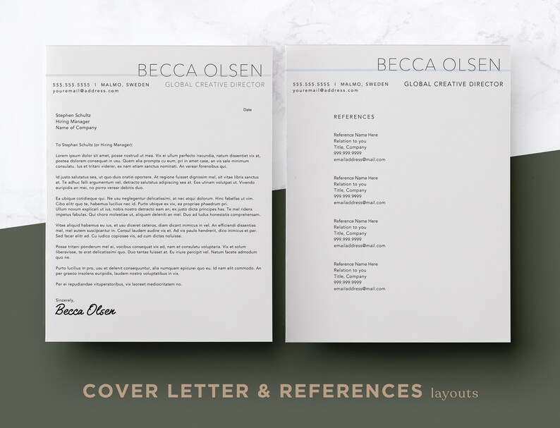 May include: A black and white resume template with a gray header and a section for references. The header includes the name "Becca Olsen" and the title "Global Creative Director". The references section includes the name, title, company, and email address of each reference.
