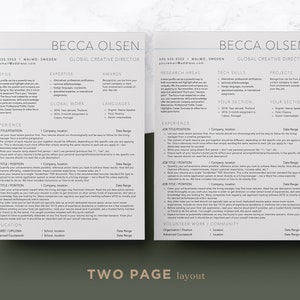 May include: A two-page resume template with a gray background and white text. The resume is for a person named Becca Olsen, who is a Global Creative Director. The resume includes sections for profile, expertise, awards, research areas, tech skills, projects, global work, languages, experience, education, and volunteer work/community. The resume also includes a section for "Two Page Layout" at the bottom.