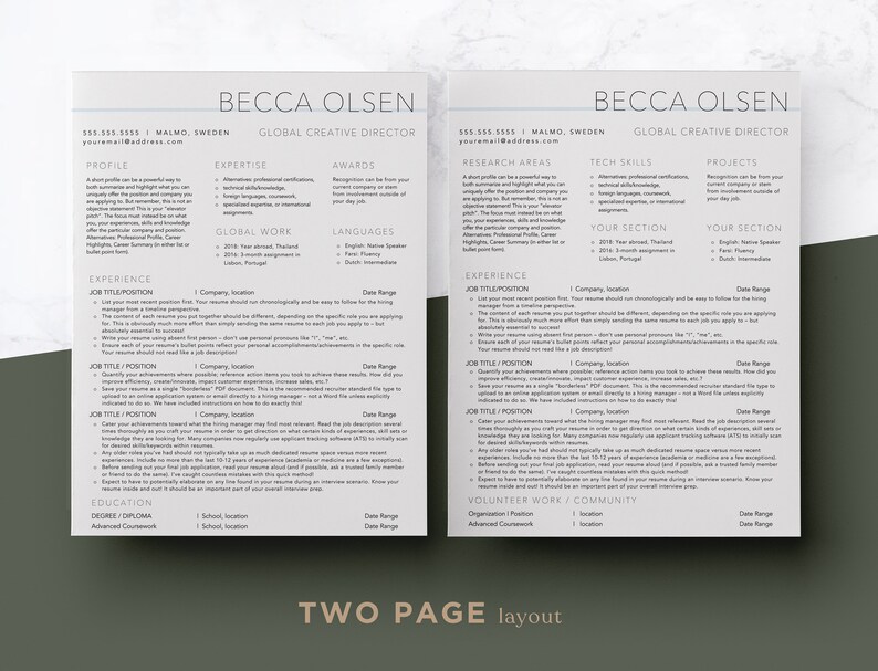May include: A two-page resume template with a gray background and white text. The resume is for a person named Becca Olsen, who is a Global Creative Director. The resume includes sections for profile, expertise, awards, research areas, tech skills, projects, global work, languages, experience, education, and volunteer work/community. The resume also includes a section for "Two Page Layout" at the bottom.