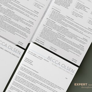 May include: A resume template with a modern, minimalist design. The template features a gray background with black text and a blue accent line. The resume includes sections for experience, education, skills, and awards. The name "Becca Olsen" is prominently displayed at the top of the resume, along with the title "Global Creative Director".