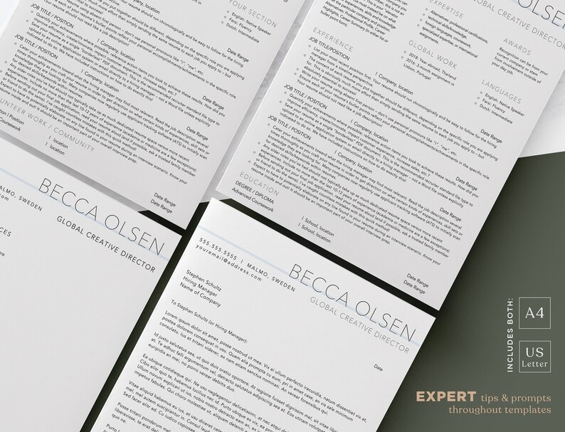 May include: A resume template with a modern, minimalist design. The template features a gray background with black text and a blue accent line. The resume includes sections for experience, education, skills, and awards. The name "Becca Olsen" is prominently displayed at the top of the resume, along with the title "Global Creative Director".
