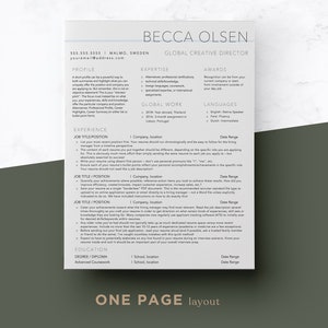 May include: A light blue resume template with a white border. The resume is for Becca Olsen, Global Creative Director. The resume includes sections for profile, expertise, awards, experience, global work, languages, and education.