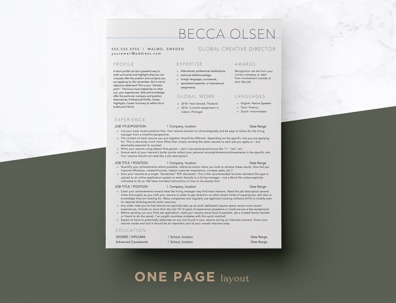 May include: A light blue resume template with a white border. The resume is for Becca Olsen, Global Creative Director. The resume includes sections for profile, expertise, awards, experience, global work, languages, and education.