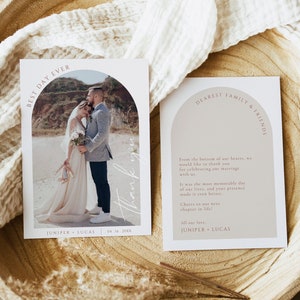 JUNIPER Arch Hochzeitsfoto-Dankeskarte, bearbeitbare minimalistische Hochzeits-Dankeskarte, Boho-Hochzeits-Dankeskarte, moderne Dankeskarte