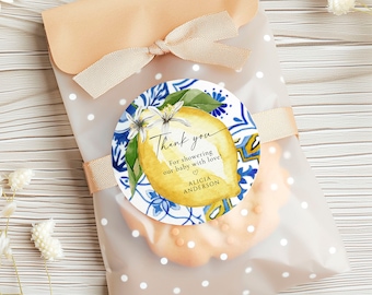ALICIA - Blue Tiles and Lemons Baby Shower Round Sticker, Editable Italian Baby Shower Sticker, Italian Bridal Shower Label, Favor Tags