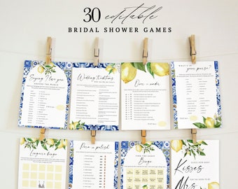 ALICIA - Blue Tiles and Lemons Bridal Shower Games Bundle, Editable Italian Bridal Shower Games Bundle, Citrus Arch Bridal Shower Games