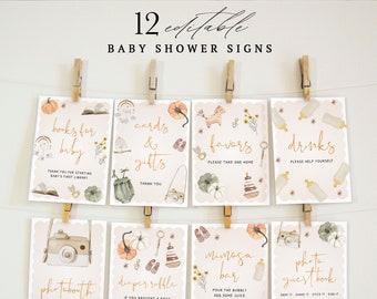 Pumpkin Baby Shower Table Signs Bundle Editable Template, Boho Fall Baby Shower Signs, Editable Autumn Baby Shower Sings, Printable Signs