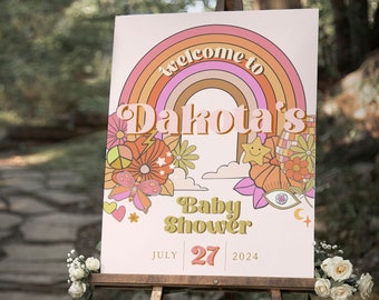 GROOVY Retro Baby Shower Welcome Sign, Editable Hippie Rainbow 70s Vibe Baby Shower Welcome Sign, Rainbow Baby Shower Welcome Sign, Poster