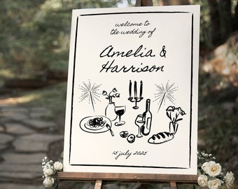 AMELIA - Wedding Welcome Sign Template, Editable Hand Drawn & Handwritten Welcome Sign, Scribble Illustration Sign, Funky Welcome Sign
