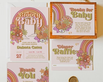 GROOVY Retro Baby Shower Invitation Set, Hippie 70s Vibe Baby Shower Invitation Template, Rainbow Baby Shower Invite, Groovy Invitation Set