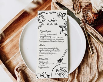 AMELIA - Wedding Menu Template, Editable Hand Drawn Menu, Handwritten Wedding Menu, Scribble Illustration Menu, Whimsical Menu, Funcky Menu