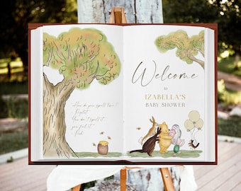 POOH - Cartel de bienvenida clásico de Winnie the Pooh Baby Shower, plantilla de cartel de bienvenida editable de Pooh Bear Baby Shower, puerta de entrada de Winnie the Pooh