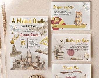 May include: A collection of baby shower stationery with a magical theme. Includes an invitation with a castle illustration, a diaper raffle card, a book request card, and a thank you card. The invitation includes the text "A Magical Bundle is on the Way".