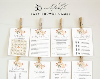 NIC - 35 Editable Baby Shower Games Template, Little Pumpkin Is On The Way Baby Shower Bundle Game, Fall Printable Editable Pumpkin Games
