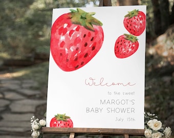 MARGOT - Signo de bienvenida de baby shower de fresa, una plantilla de signo de bienvenida de baby shower dulce de bayas, bienvenida de baby shower de fresa roja, editable