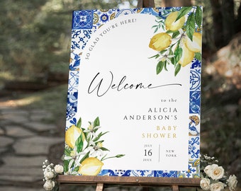 ALICIA - Letrero de bienvenida para baby shower con azulejos azules y limones, letrero de bienvenida para baby shower italiano editable, letrero de bienvenida para baby shower con arco de cítricos