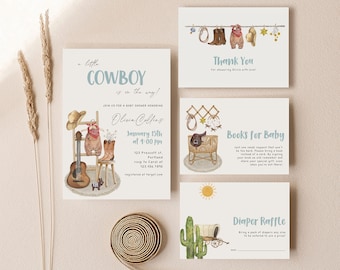 MAEVE - Cowboy Baby Shower Editable Invitation Suite, Wild West Baby Shower Invitation Template, A Little Cowboy is on the Way Invite, Rodeo