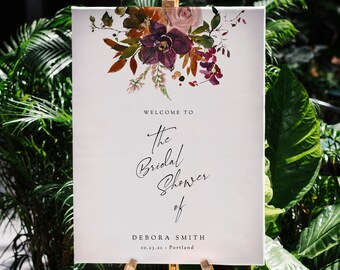 EDITABLE Fall Bridal Shower Welcome Sign Template Printable Boho Floral Burgundy Wedding Shower Poster Sign INSTANT DOWNLOAD Templett Bcf