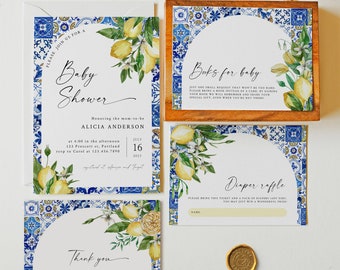 ALICIA - Blue Tiles and Lemons Baby Shower Invitation Suite, Editable Italian Baby Shower Invitation Set, Citrus Arch Baby Shower Invitation