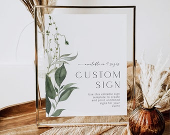SAFIRA - Greenery Custom Sign Vorlage, Editierbares Eukalyptus Tischschild, Greenery Tischschild, Botanisches Empfangsdekor, Botanisches Tischschild